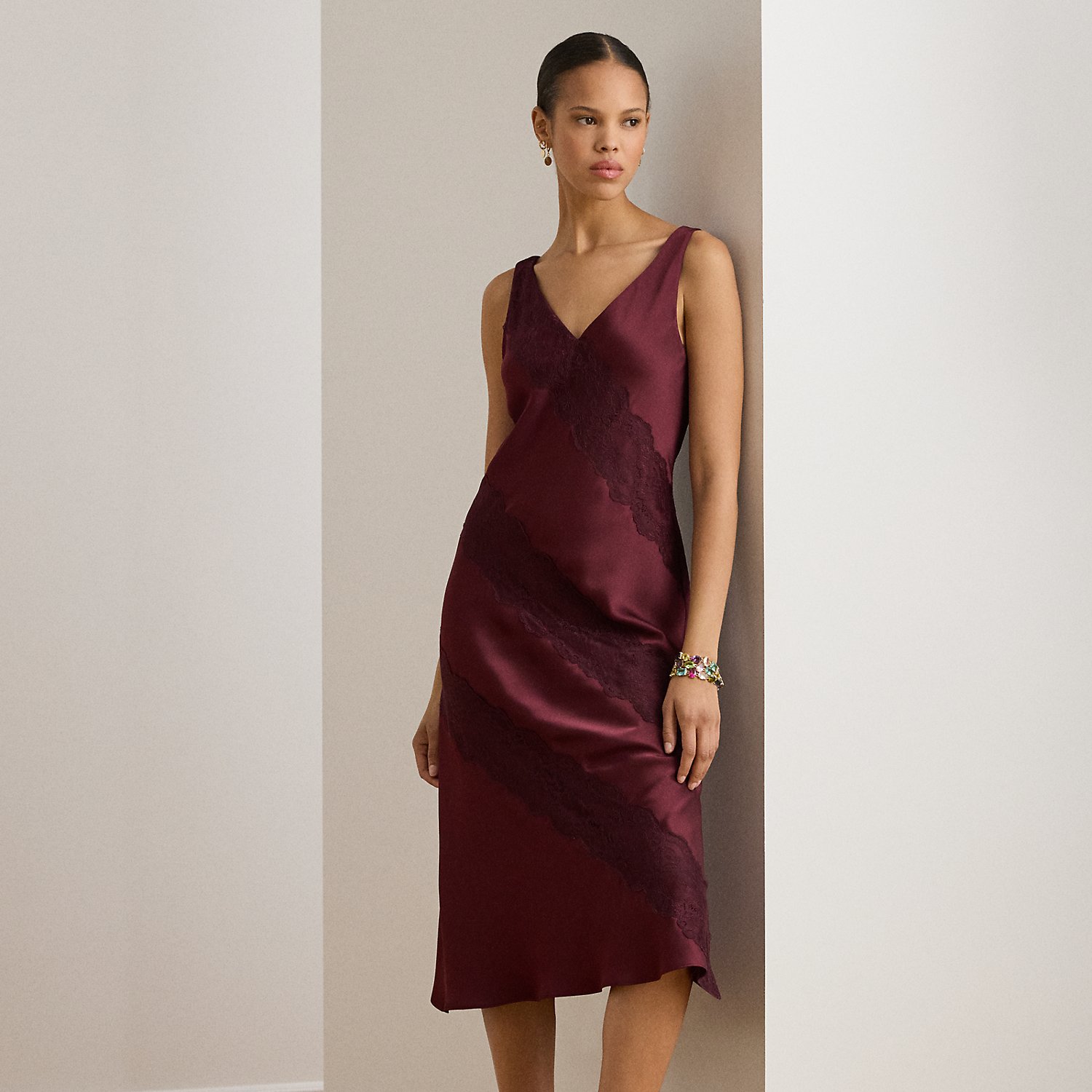 Lace-Trim Charmeuse Cocktail Dress