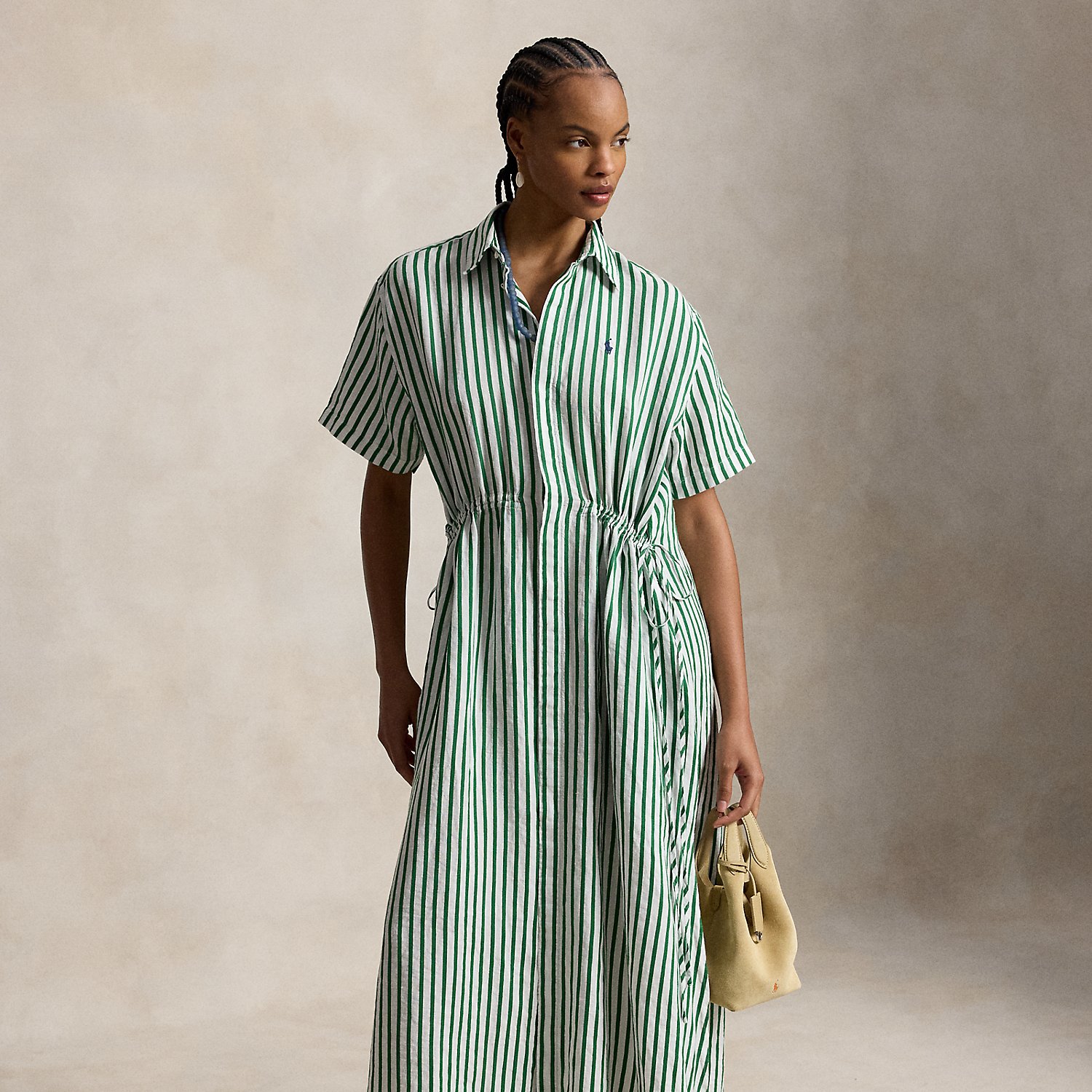 Striped Linen-Cotton Drawcord Shirtdress