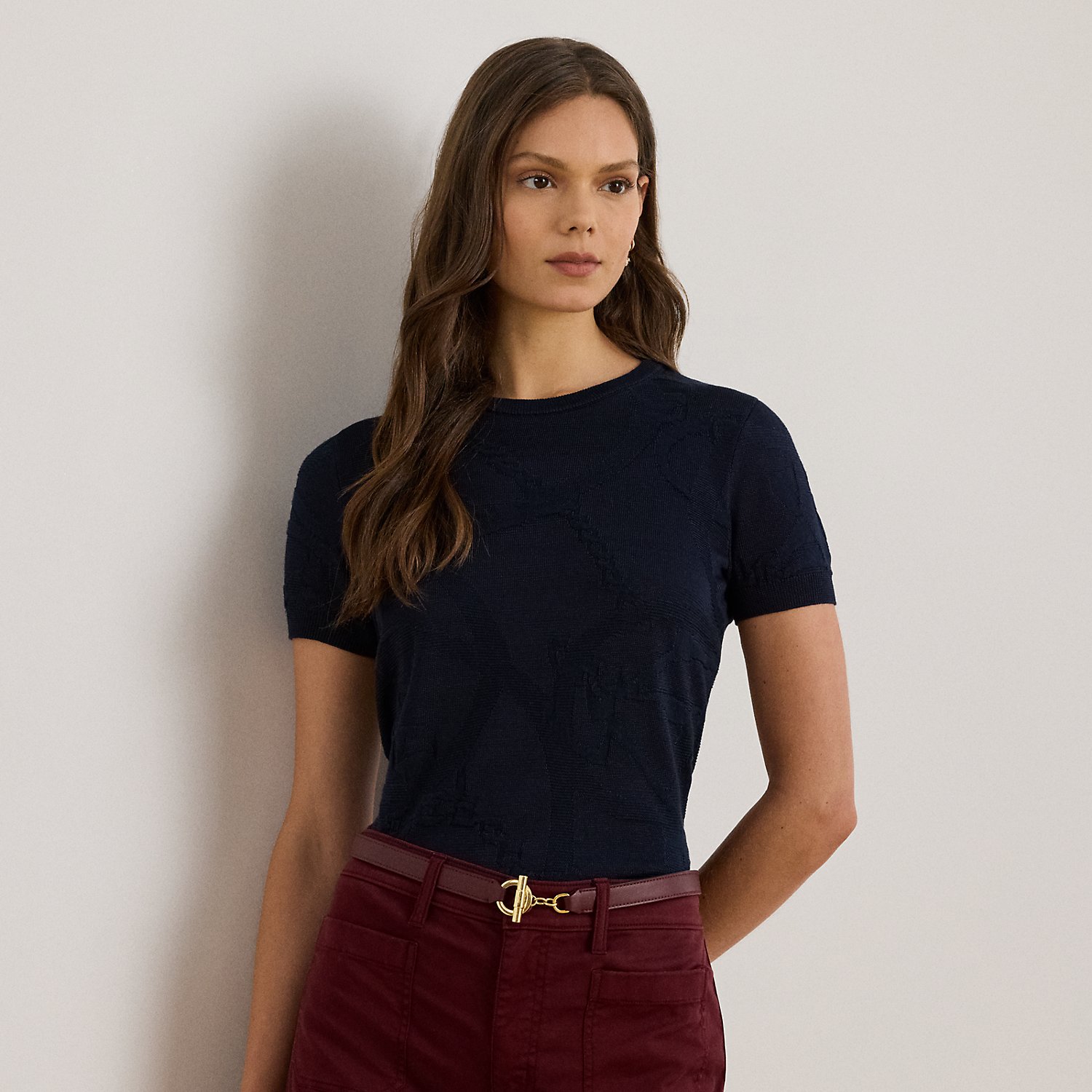 Belting-Motif Short-Sleeve Jumper