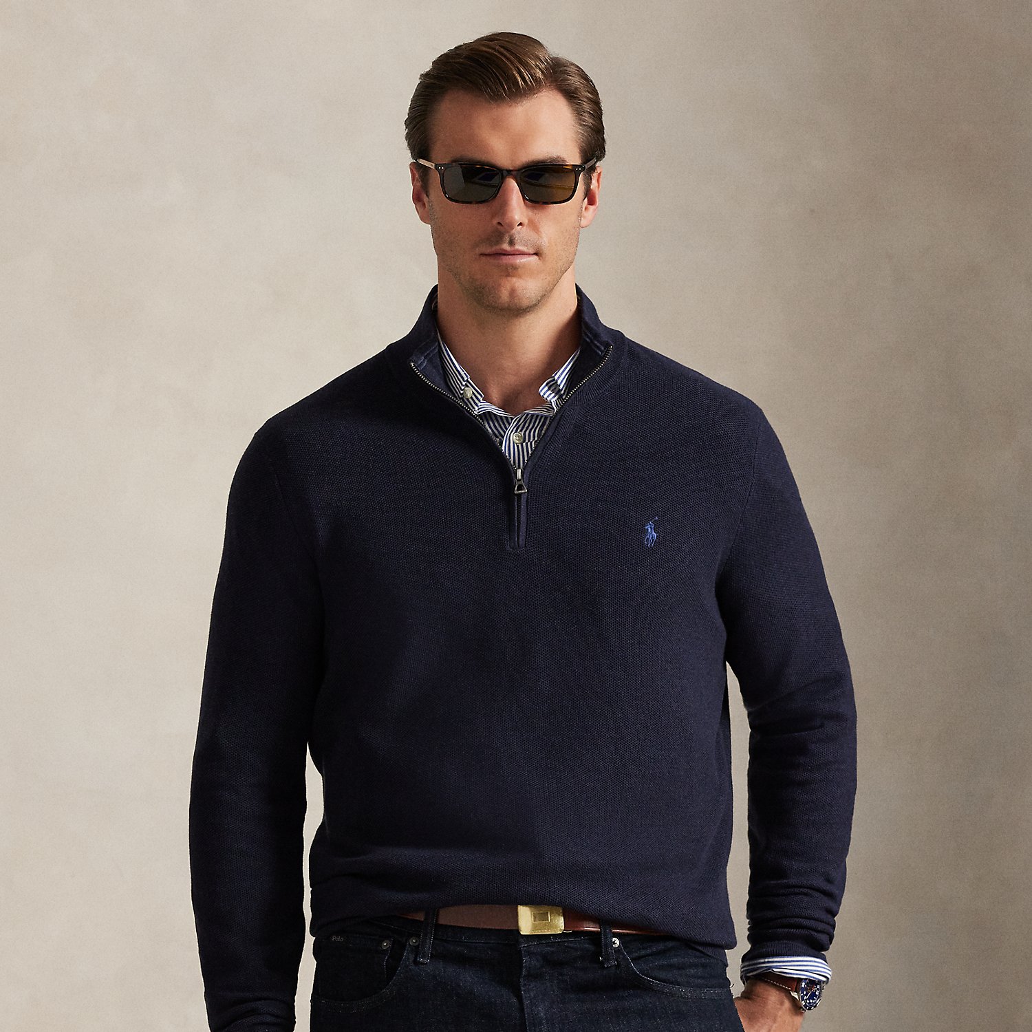 Big & Tall - Mesh-Knit Cotton Quarter-Zip Jumper