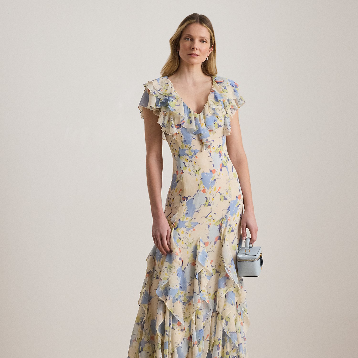 Floral Ruffle-Trim Georgette Gown