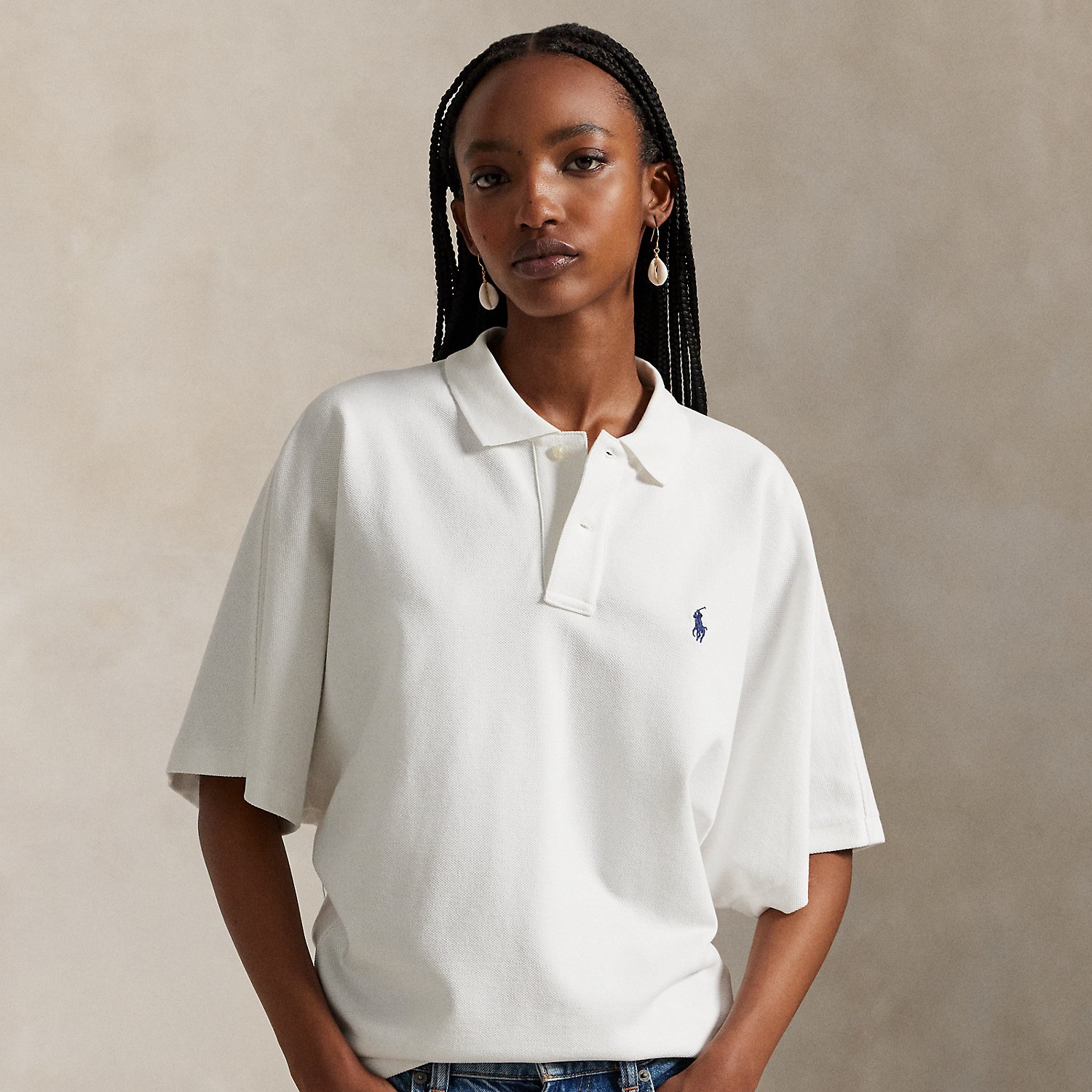 Dolman-Sleeve Mesh Polo Shirt