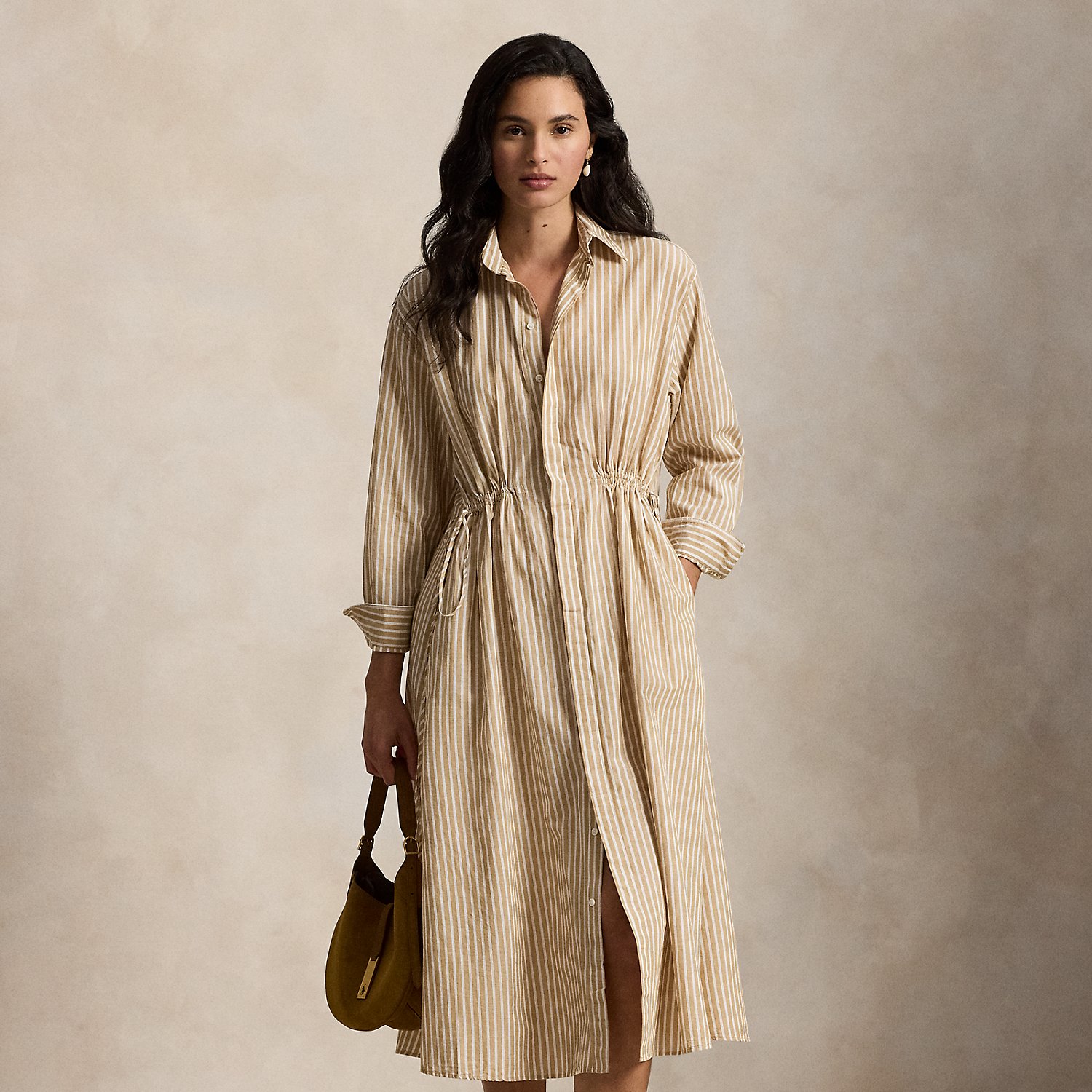 Striped Cotton-Linen Drawcord Shirtdress