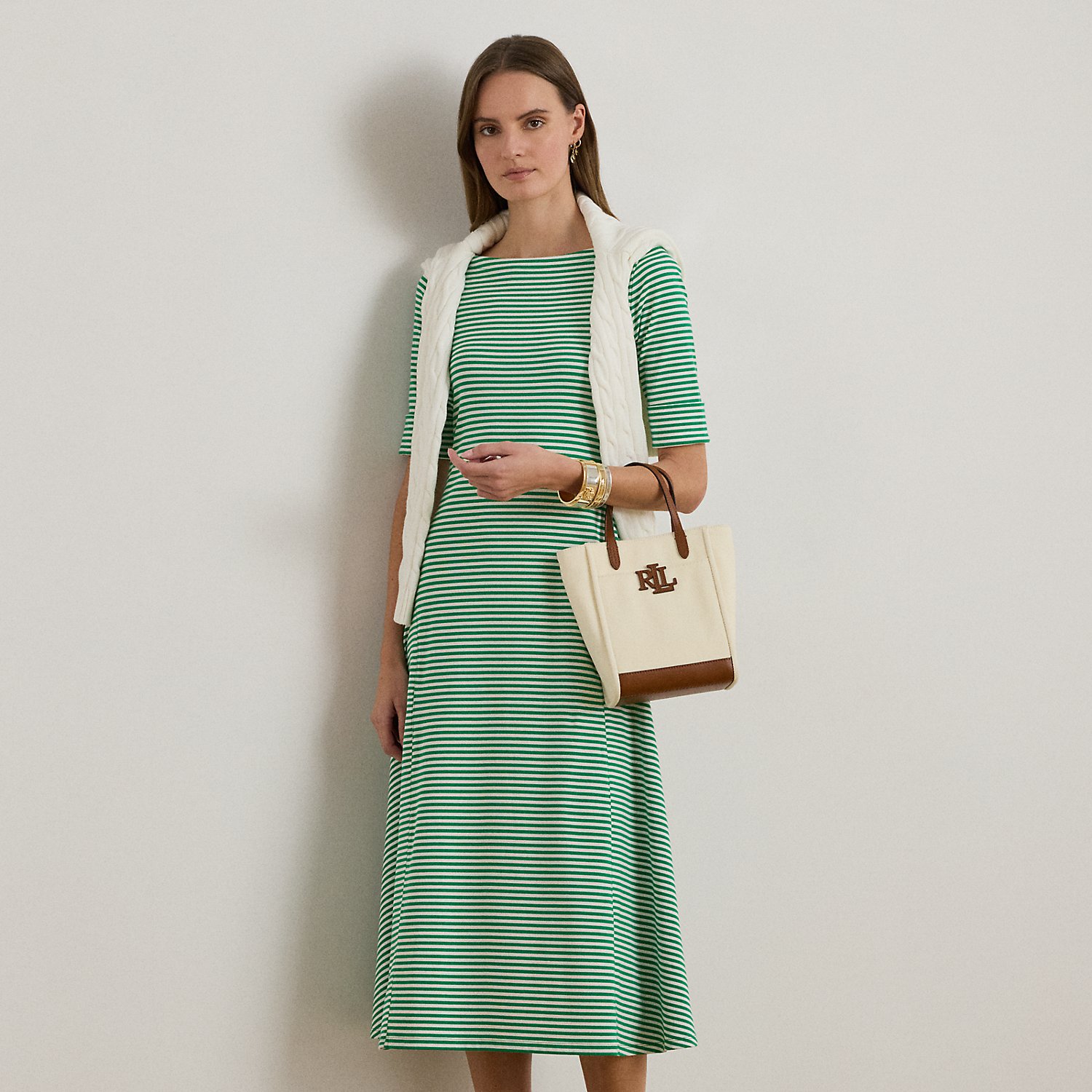 Petite - Striped Stretch Cotton Ribbed Midi Dress