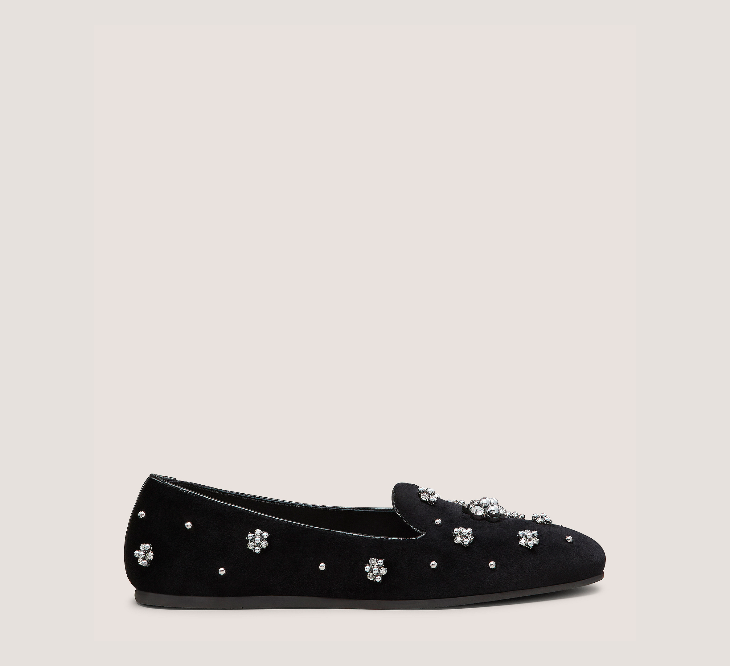 Poppy Loafer, Black & Graphite Silk Velvet/Crystal/Pearl, Size: 9 Medium