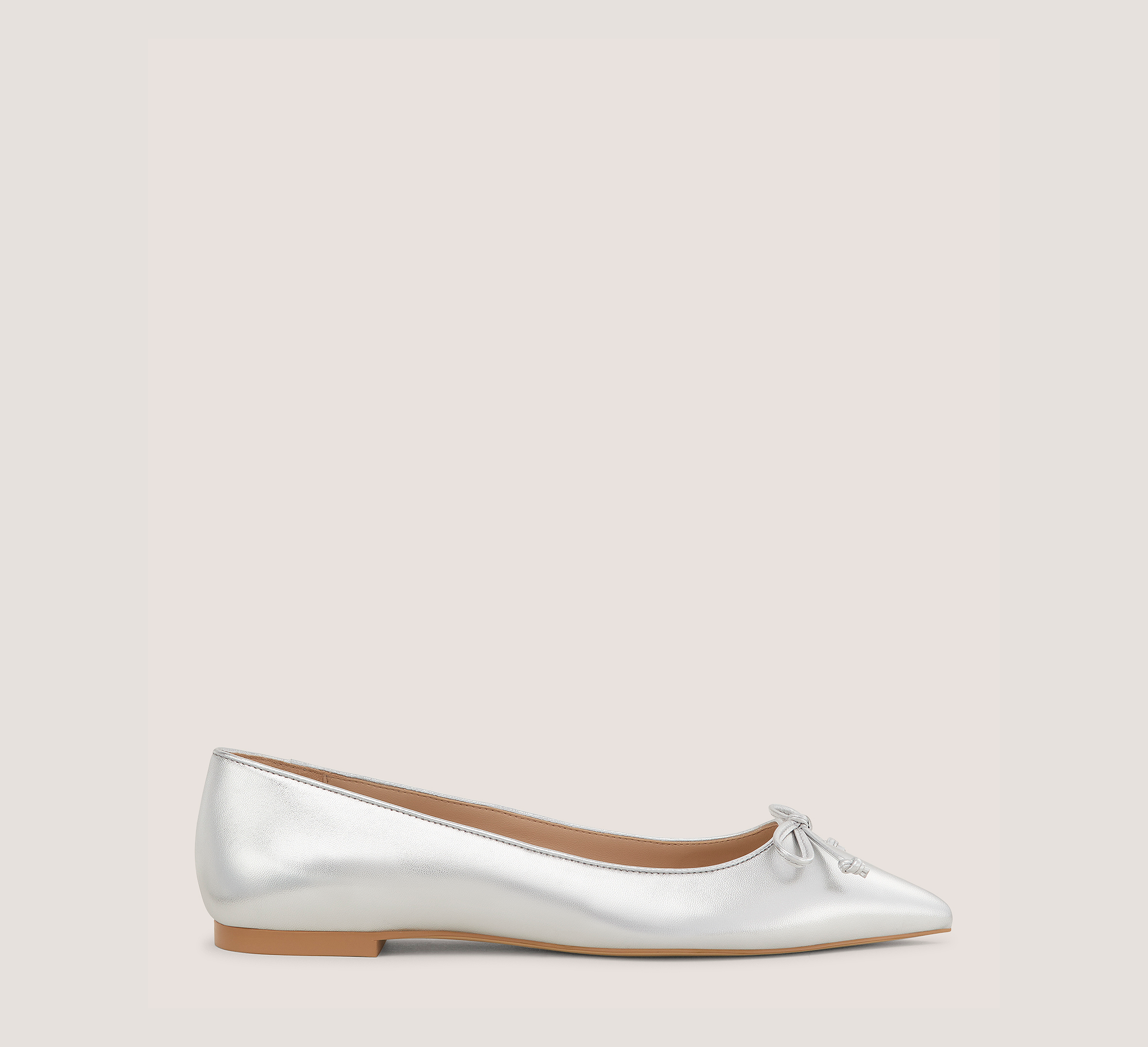 Gabby Bow Pointed Flat, Silver Metallic Leather, Size: 6 Medium
