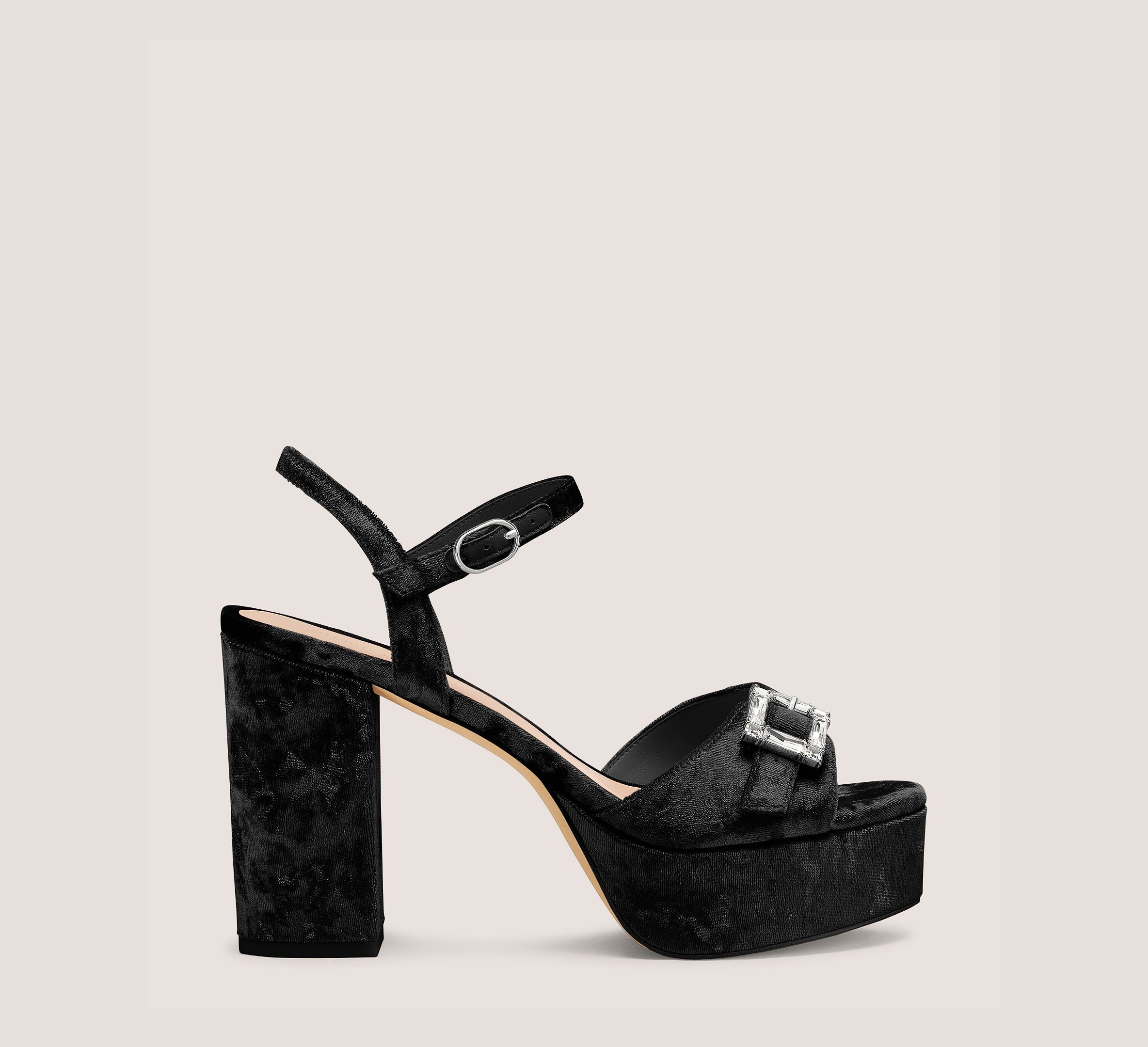 June Platform Sandal, Black Crushed Velvet, Size: 5.5 Medium