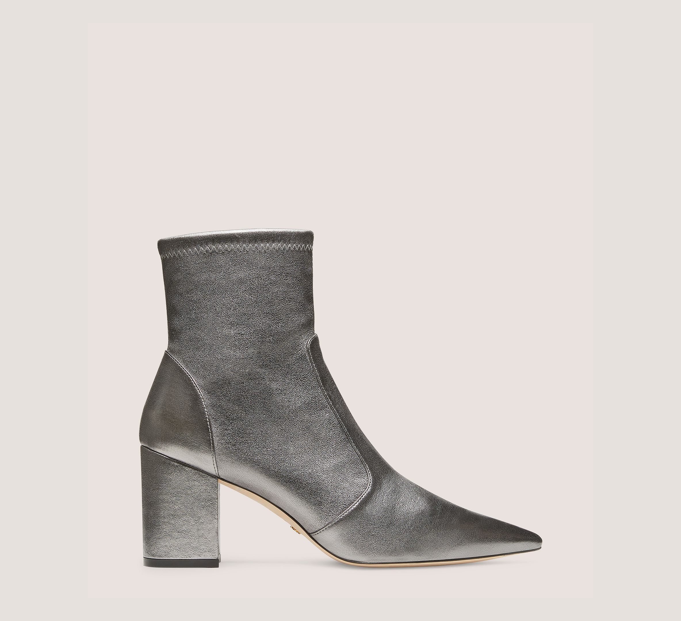 Stuart 75 Block Stretch Bootie, Gunmetal Metallic Stretch Nappa Leather, Size: 5 Medium