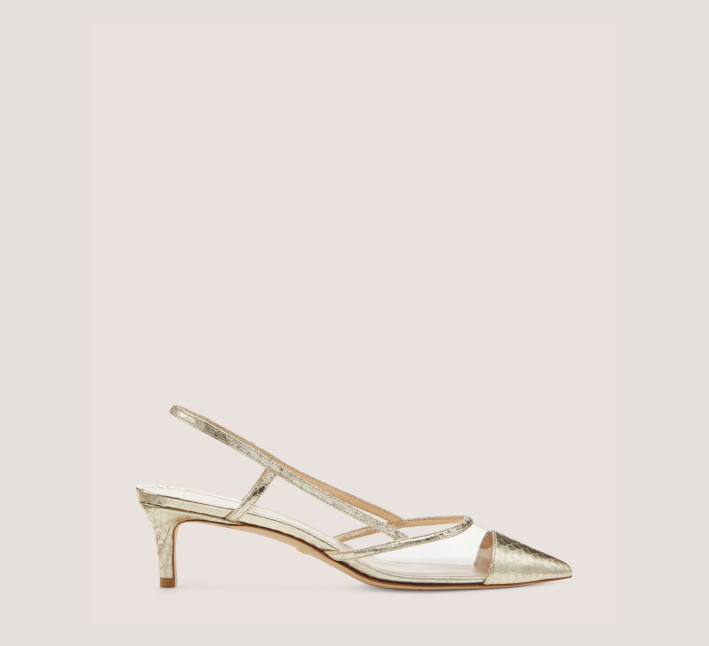 Mondrian 50 Slingback, Platino/clear Metallic Watersnake Leather/Pvc, Size: 7.5 Narrow
