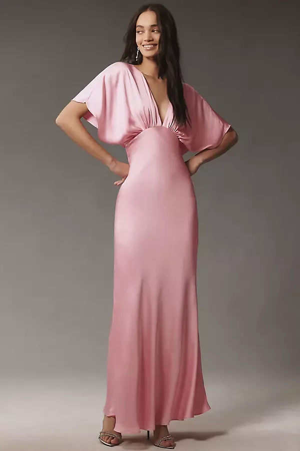 Amelia Deep-V Flutter-Sleeve Satin A-Line Gown