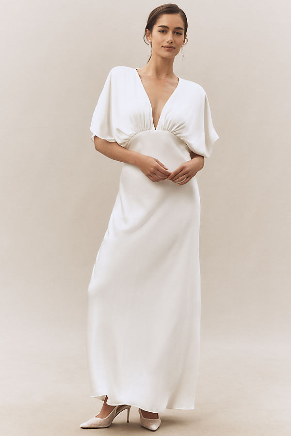 Amelia Deep-V Flutter-Sleeve Satin A-Line Gown