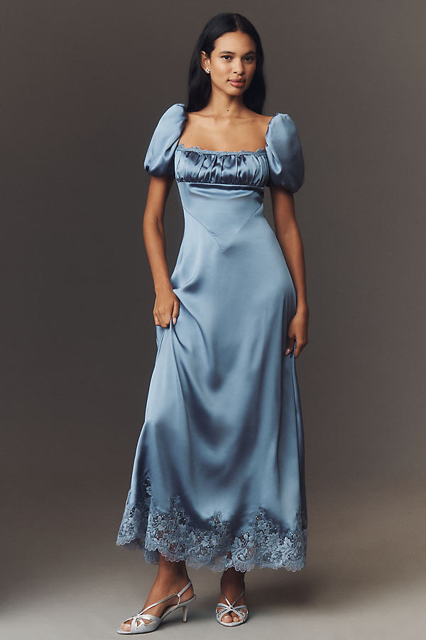 Puff-Sleeve Square-Neck Satin Maxi Dress