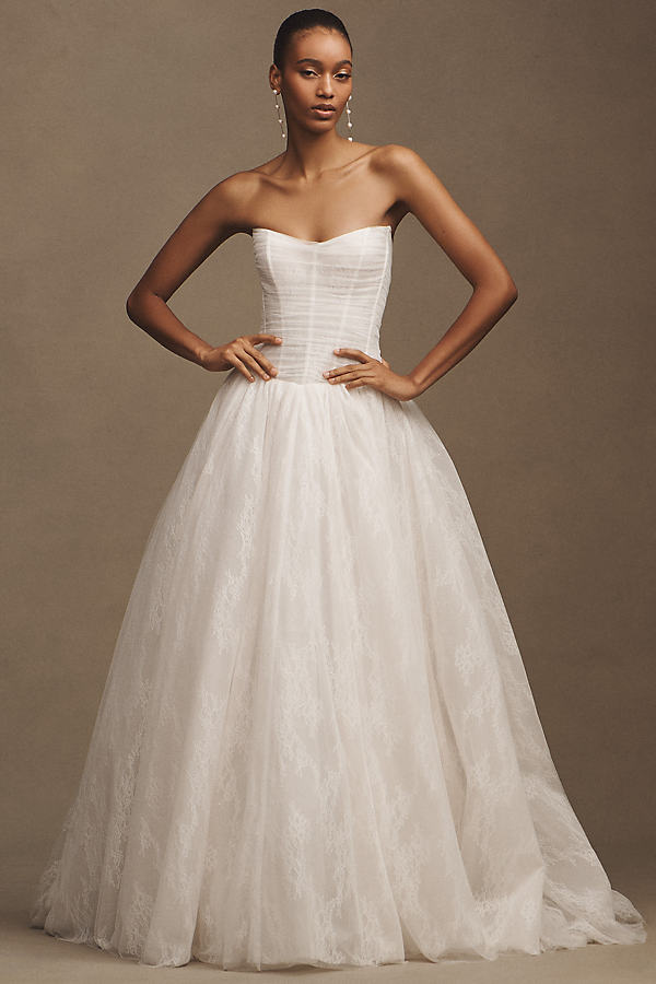 Jenny by Jenny Yoo Miriam Strapless Tulle Basque-Waist Ball-Skirt Wedding Gown