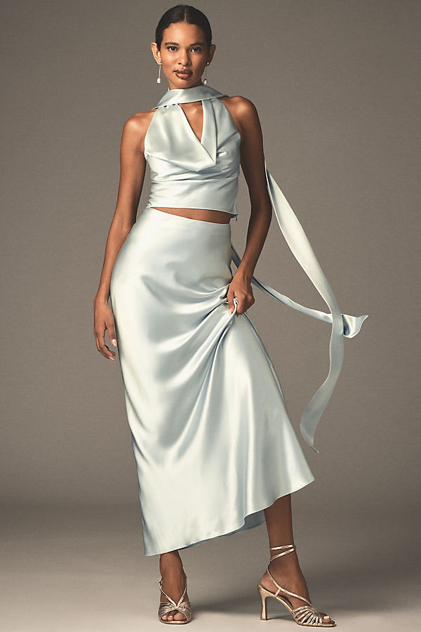 Satin Cowl-Neck Halter Top & Column Maxi Skirt Set