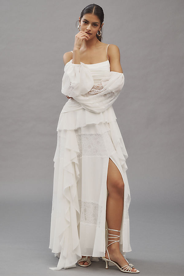 Removable Sleeve Lace Chiffon Ruffled Maxi Dress
