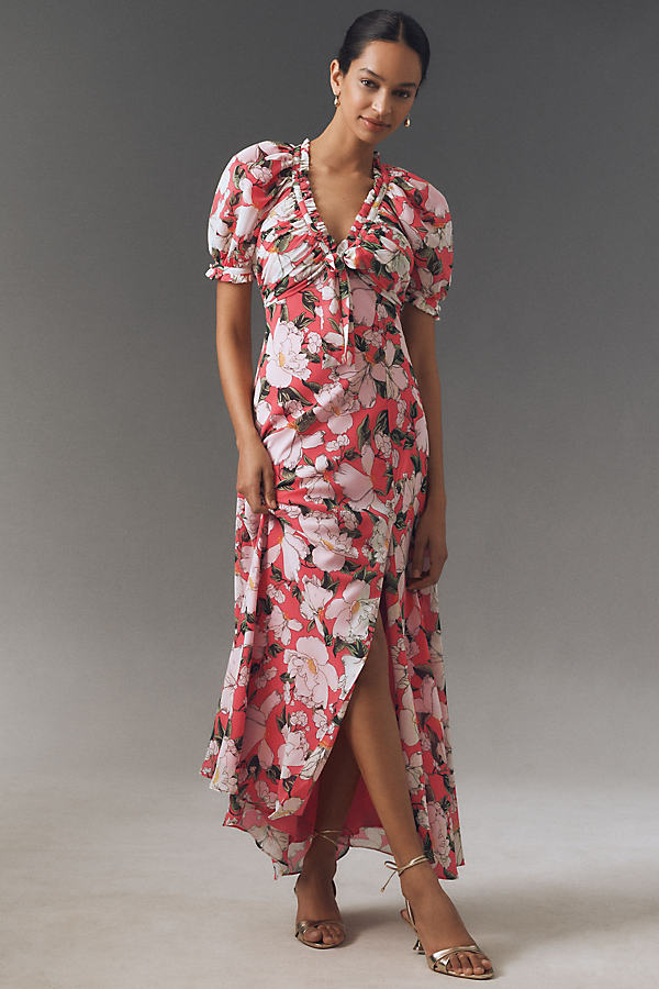 Puff-Sleeve Bow-Front V-Neck Maxi Dress