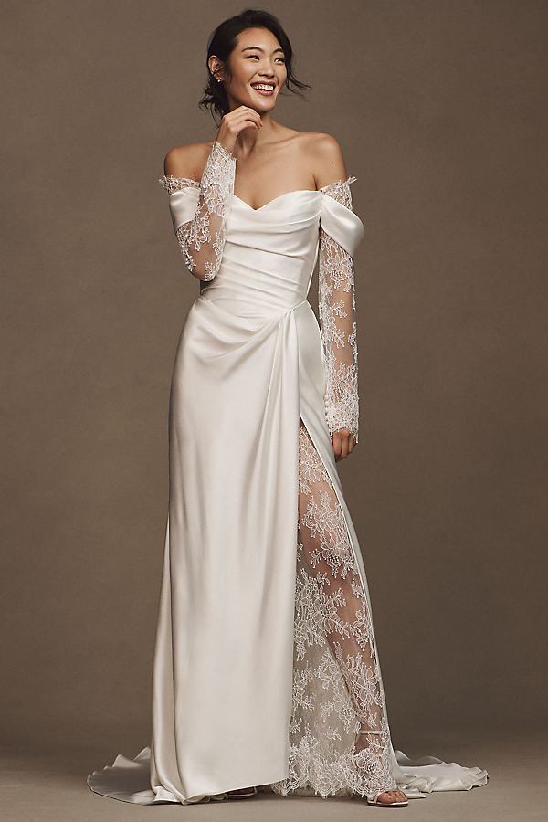 Harlow Off-The-Shoulder Satin & Lace Wedding Gown