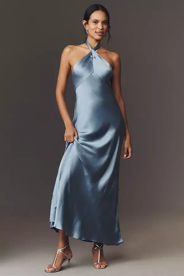 Selma Halter-Neck High-Shine Satin Maxi Dress
