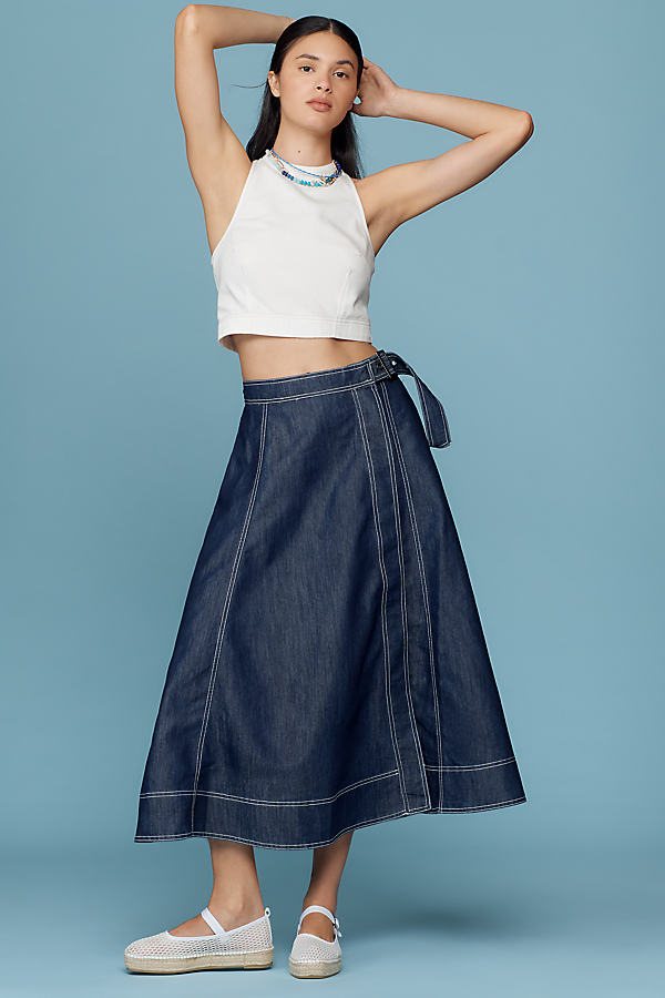 Side-Slit Denim A-Line Midi Skirt