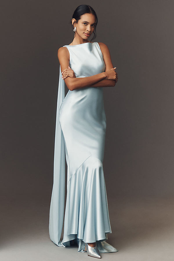 Julia Boat-Neck Open-Back Cape Satin Maxi Dress