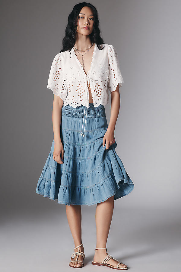 The Reese Smocked Denim Pull-On Midi Skirt