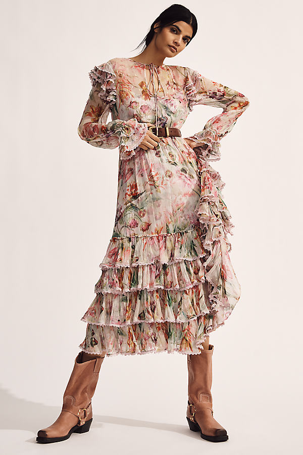 Floral Chiffon Tie-Neck Tiered Midi Dress by Mac Duggal
