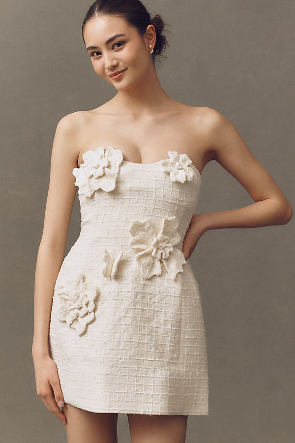 Rosario Strapless Floral Appliqué Tweed Mini Dress