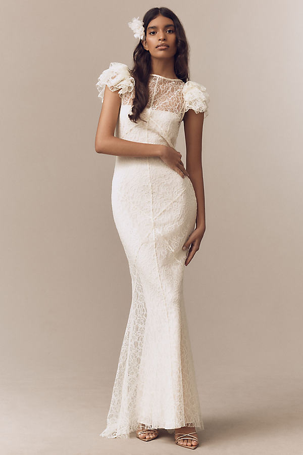 Nephele Lace Flutter-Sleeve Fishtail Maxi Dress