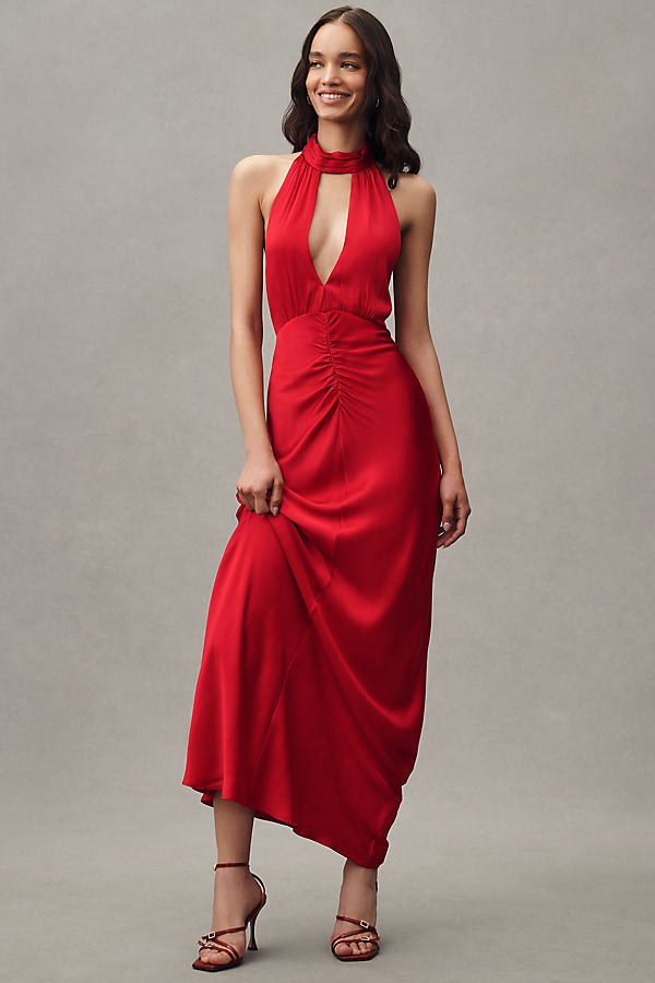 Tatum Mock-Neck Halter Cutout Ruched Satin Maxi Dress