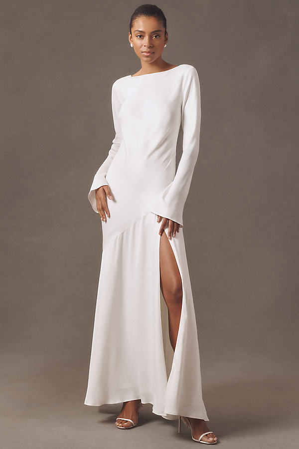 Long-Sleeve Cowl-Back Drop-Waist Side-Slit Maxi Dress
