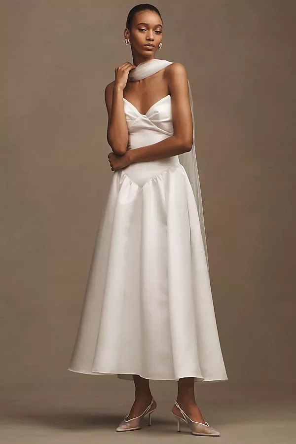 Rickey Strapless Basque-Waist A-Line Midi Dress with Scarf
