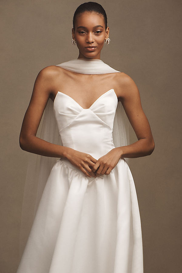 Rickey Strapless Basque-Waist A-Line Midi Dress with Scarf