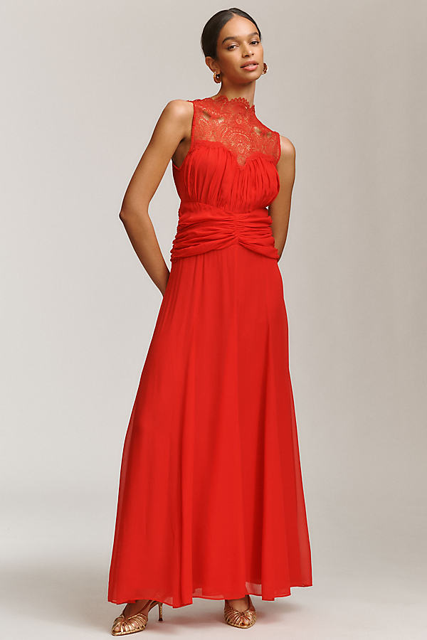 Emory Sleeveless Mock-Neck Lace Gathered Maxi Dress
