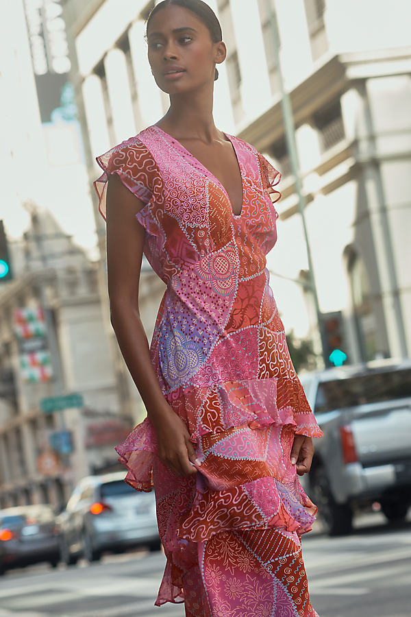 Meena Petite V-Neck Ruffle Silk Midi Dress