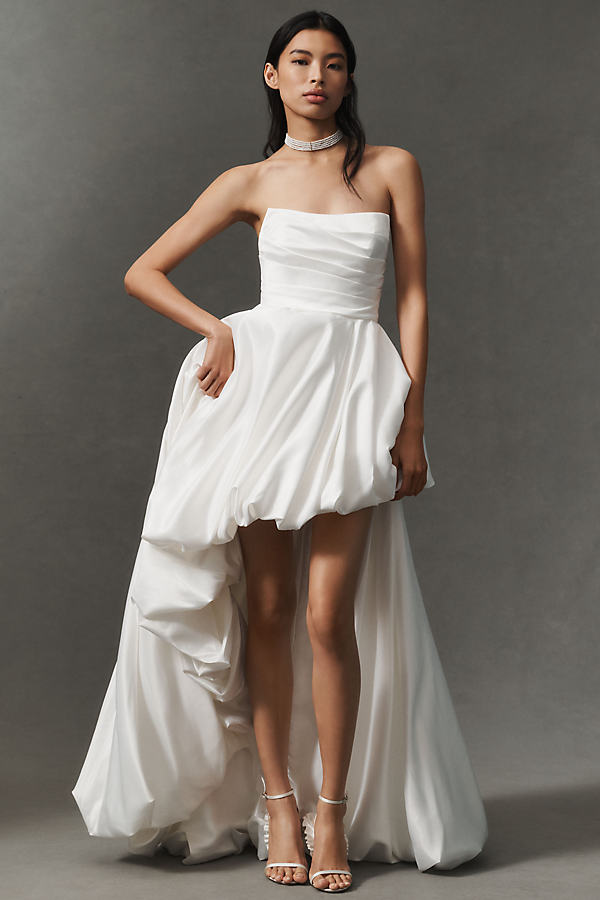 Strapless Asymmetric Satin Bubble Maxi Dress