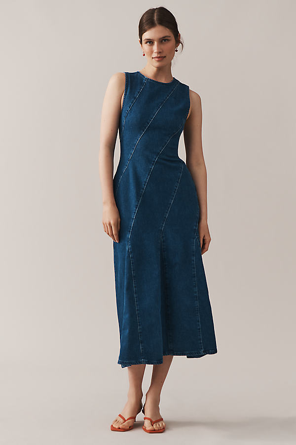 Raven Sleeveless Diagonal Seamed Denim Midi Dress