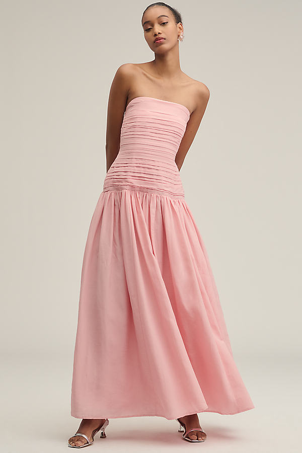 Nancy Strapless Linen-Silk Drop-Waist Maxi Dress