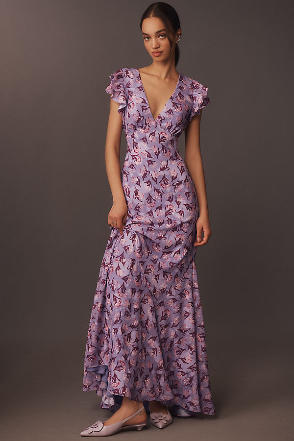 Eva Flutter-Sleeve Plunge V-Neck Maxi Dress