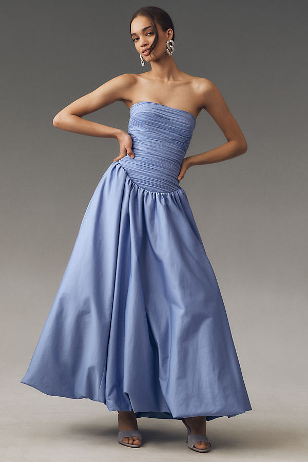 Briana Strapless Drop-Waist Bubble-Hem Midi Dress