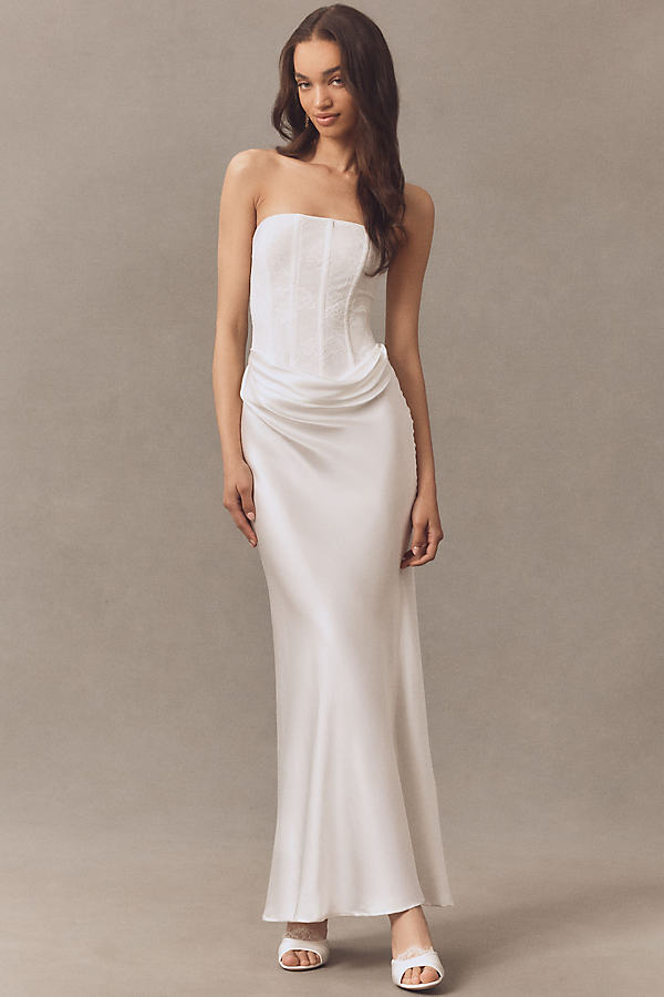Sofiya Strapless Lace Draped Satin Maxi Dress