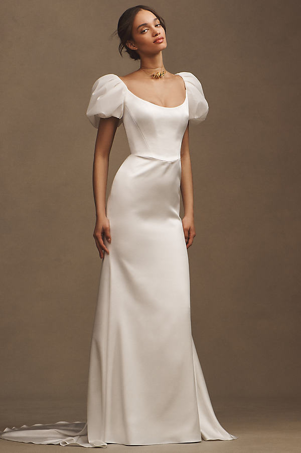 Willowby by Watters Collins Puff-Sleeve Satin Column Wedding Gown