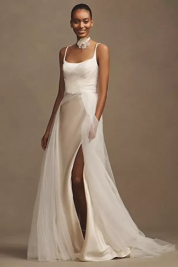 Veronica Satin Square-Neck Chiffon-Overlay A-Line Wedding Gown