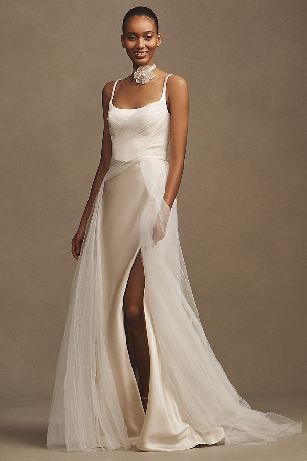 Veronica Satin Square-Neck Chiffon-Overlay A-Line Wedding Gown