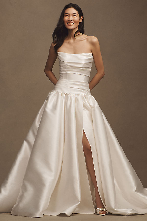 Leighton Mikado Strapless Drop-Waist Draped Ball-Skirt Wedding Gown