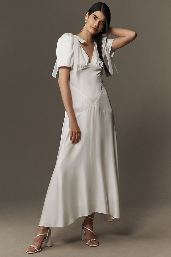 V-Neck Bow Flutter-Sleeve Organza Slip Dress