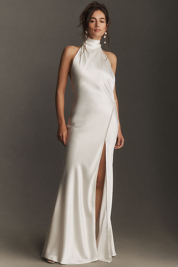 Penelope High-Neck Open-Back Satin Maxi Dress