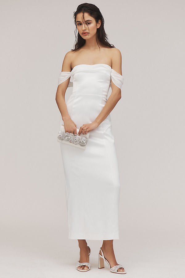 Off-The-Shoulder Lace-Up Satin Column Midi Dress