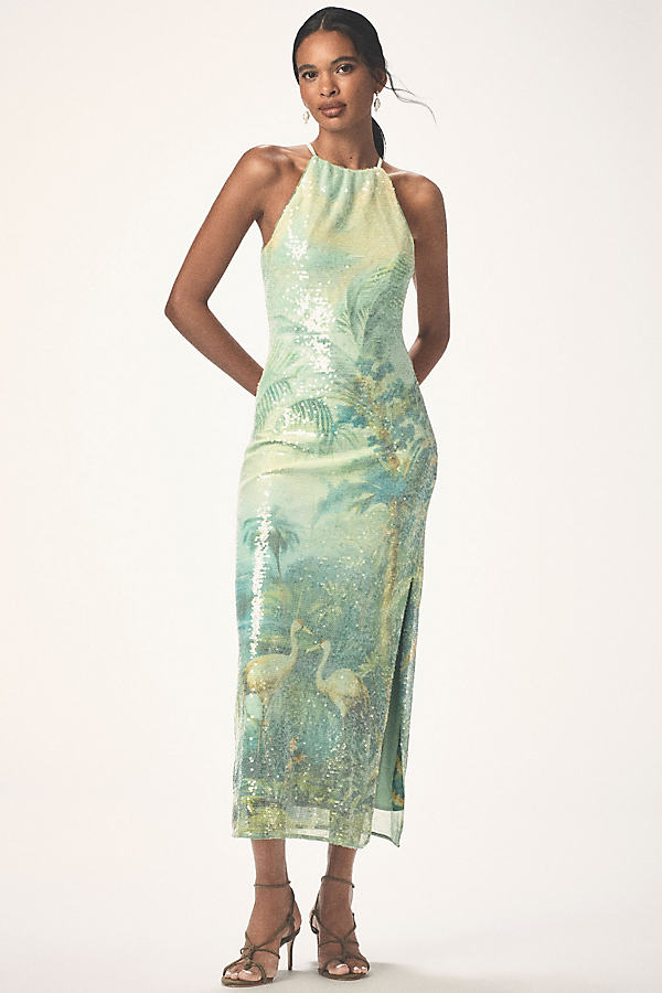 Paulina Halter Printed Sequin Midi Dress