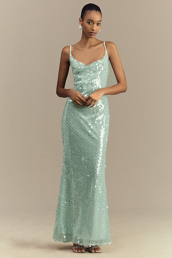 Kassidy Cowl-Neck Stretch Sequin Maxi Dress