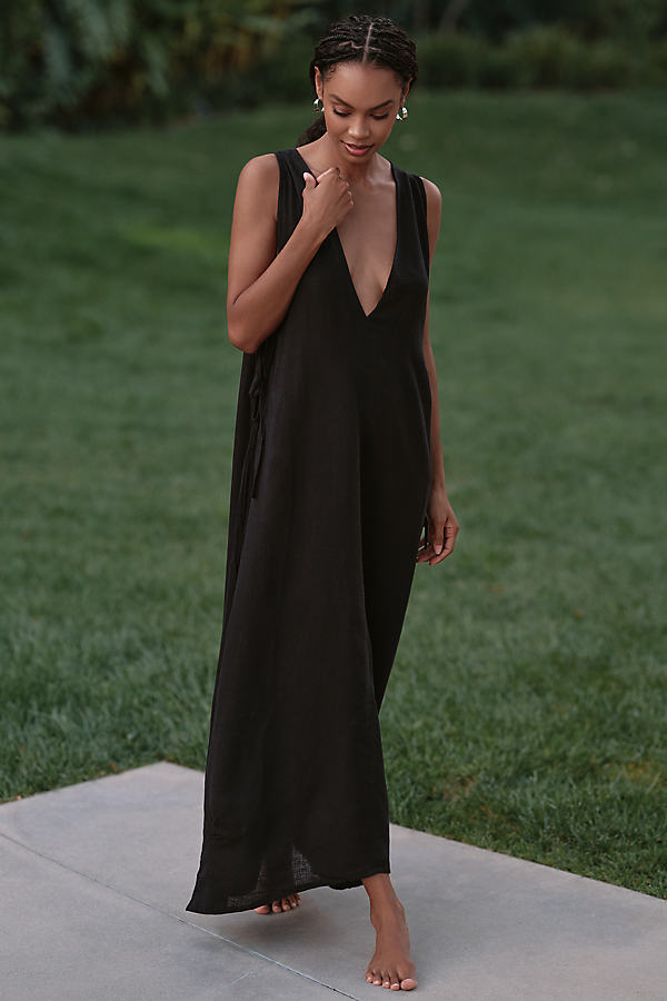 Plunge-Neck Linen Blend Maxi Dress